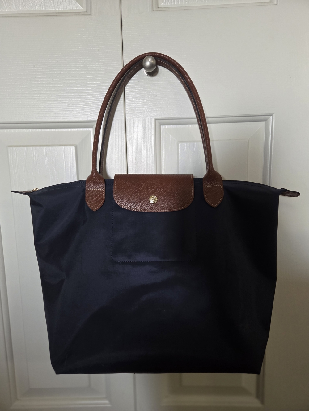 Classic Navy Tote with Brown Leather Trim